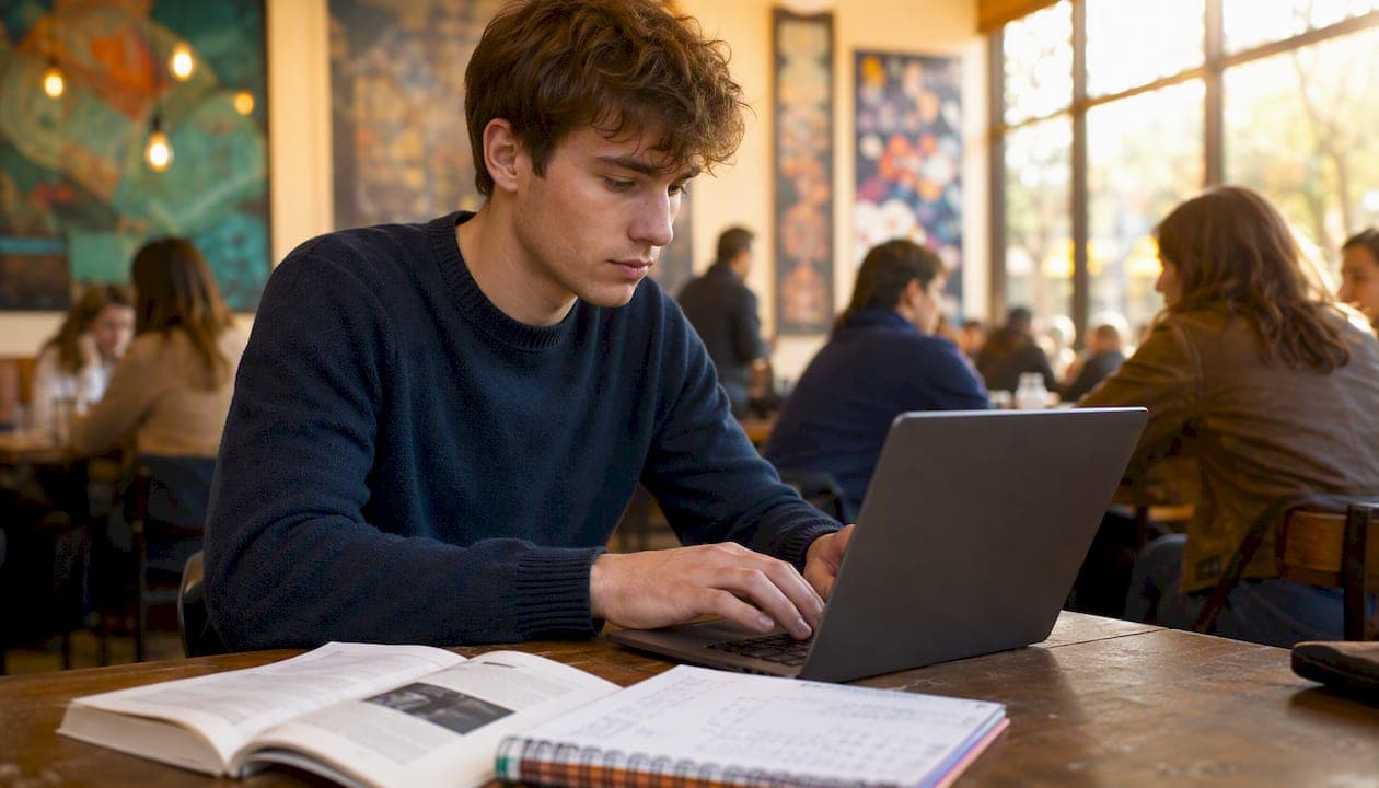 Student typing APA citations in library