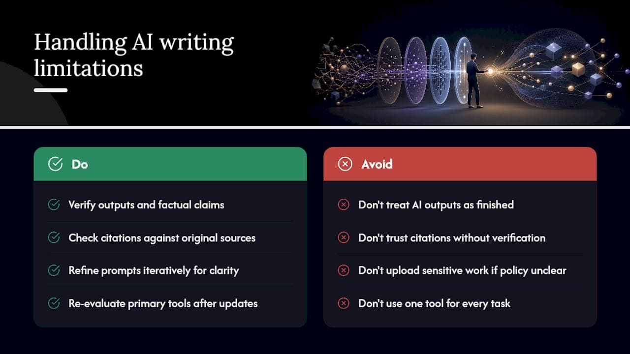 Limitations and common drawbacks of AI writing tools — overview diagram