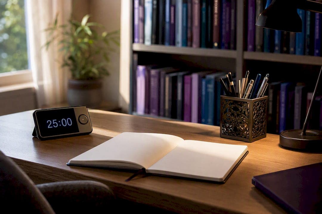Writing desk with timer and mug