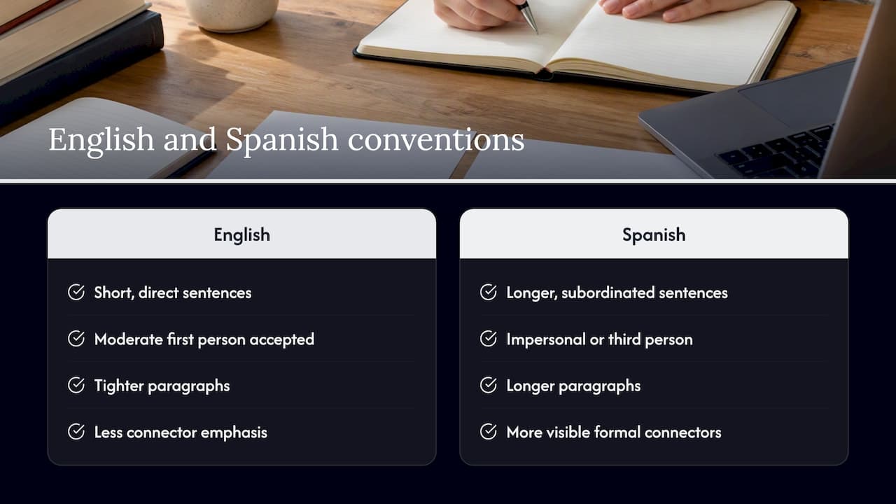 How Spanish essay conventions differ from English ones — overview diagram