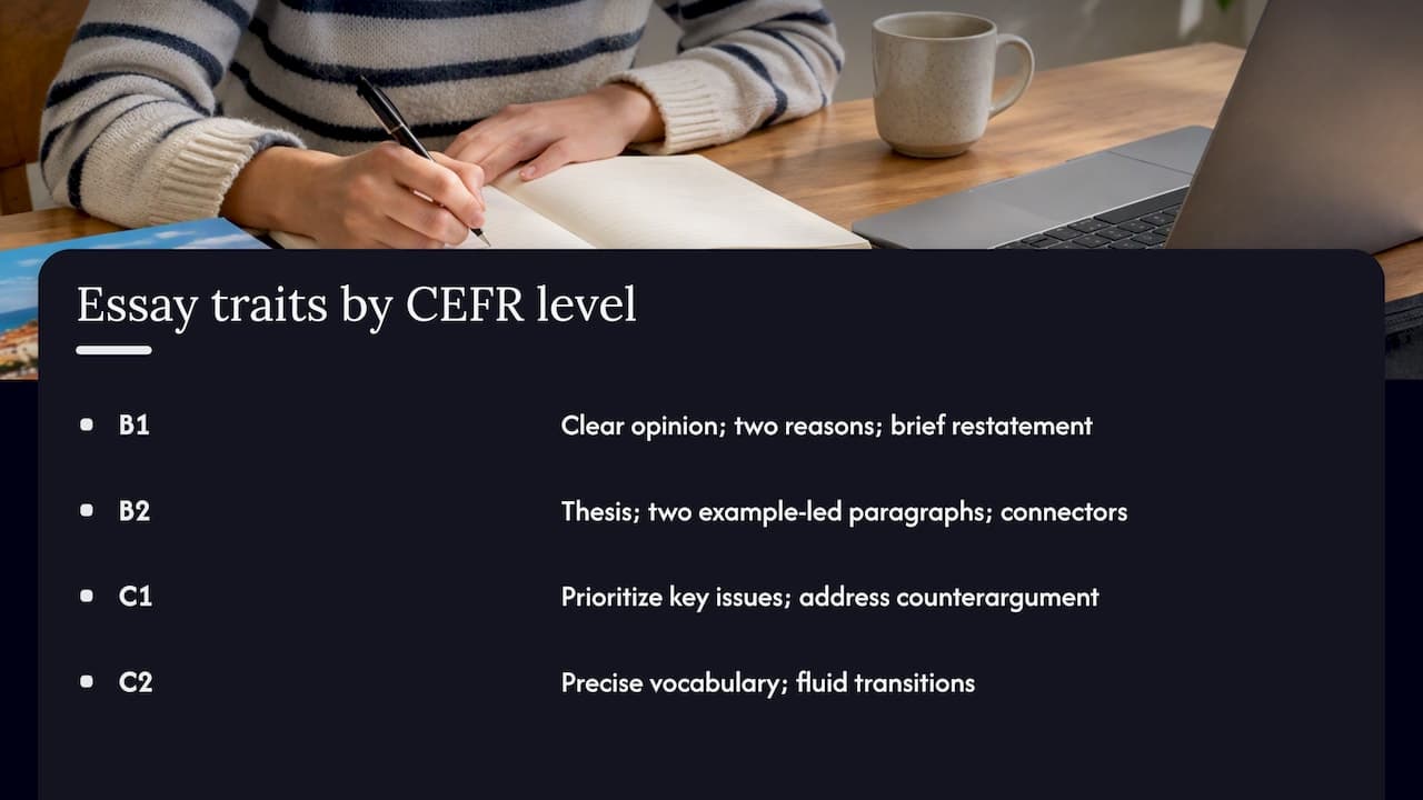 What do well-written Spanish essays look like at each level? — overview diagram